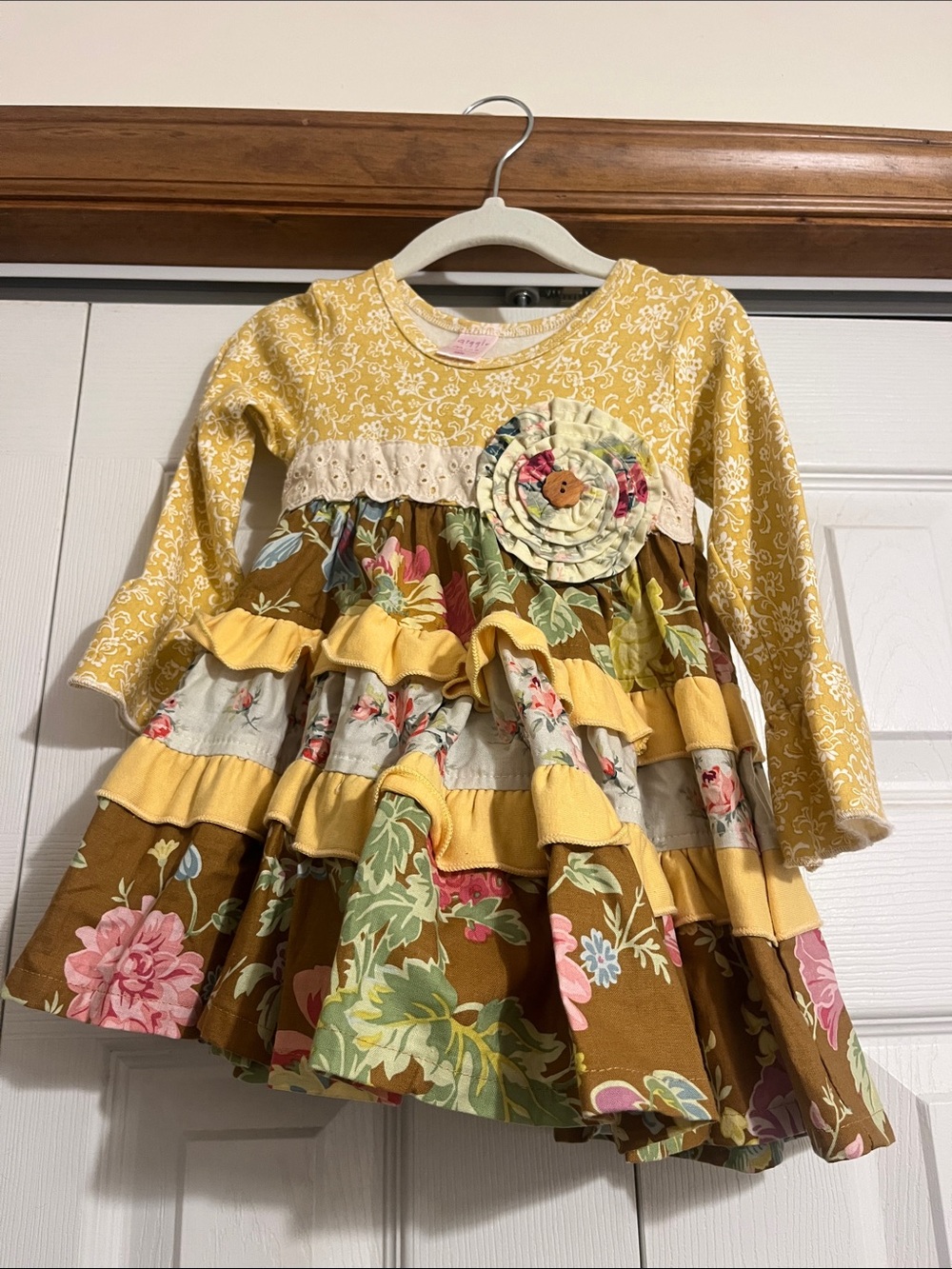 NWOT Giggle Moon Yellow Floral Ruffle Dress with Decorative Rosette